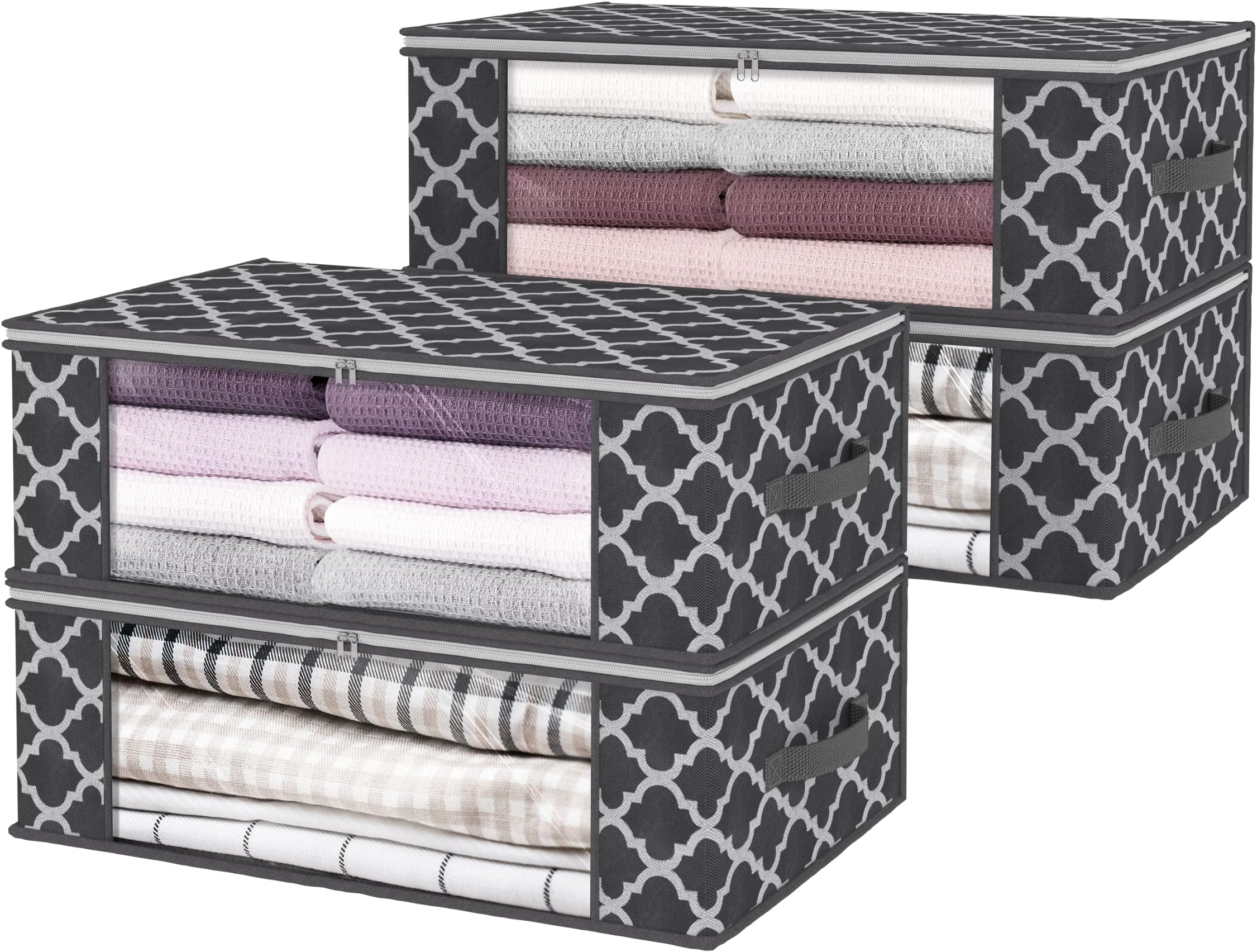Fixwal Storage 4 Pack, Clothes Organizer Storage Bags, Foldable Storage Box with Large Clear, Foldable Comforter, Sheet Storage, Reinforced Handle, Sturdy Zippers, Clear, Blankets, 35L, Grey Pattern