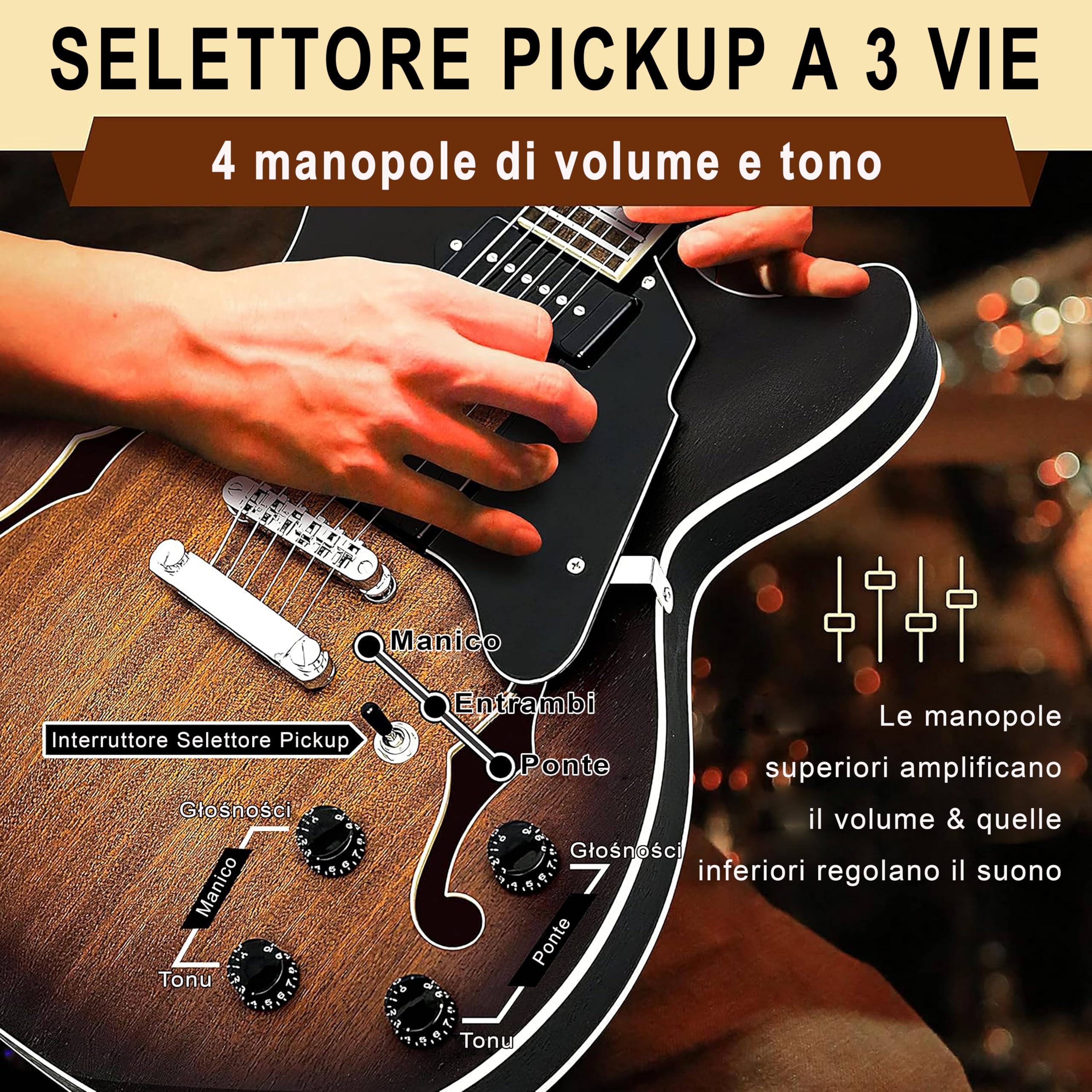 Pyle Chitarra Elettrica Semi-Hollow, Kit Chitarra Elettrica, Stile Jazz, 6 Corde con Borsa e Accessori, Full Size 106 cm