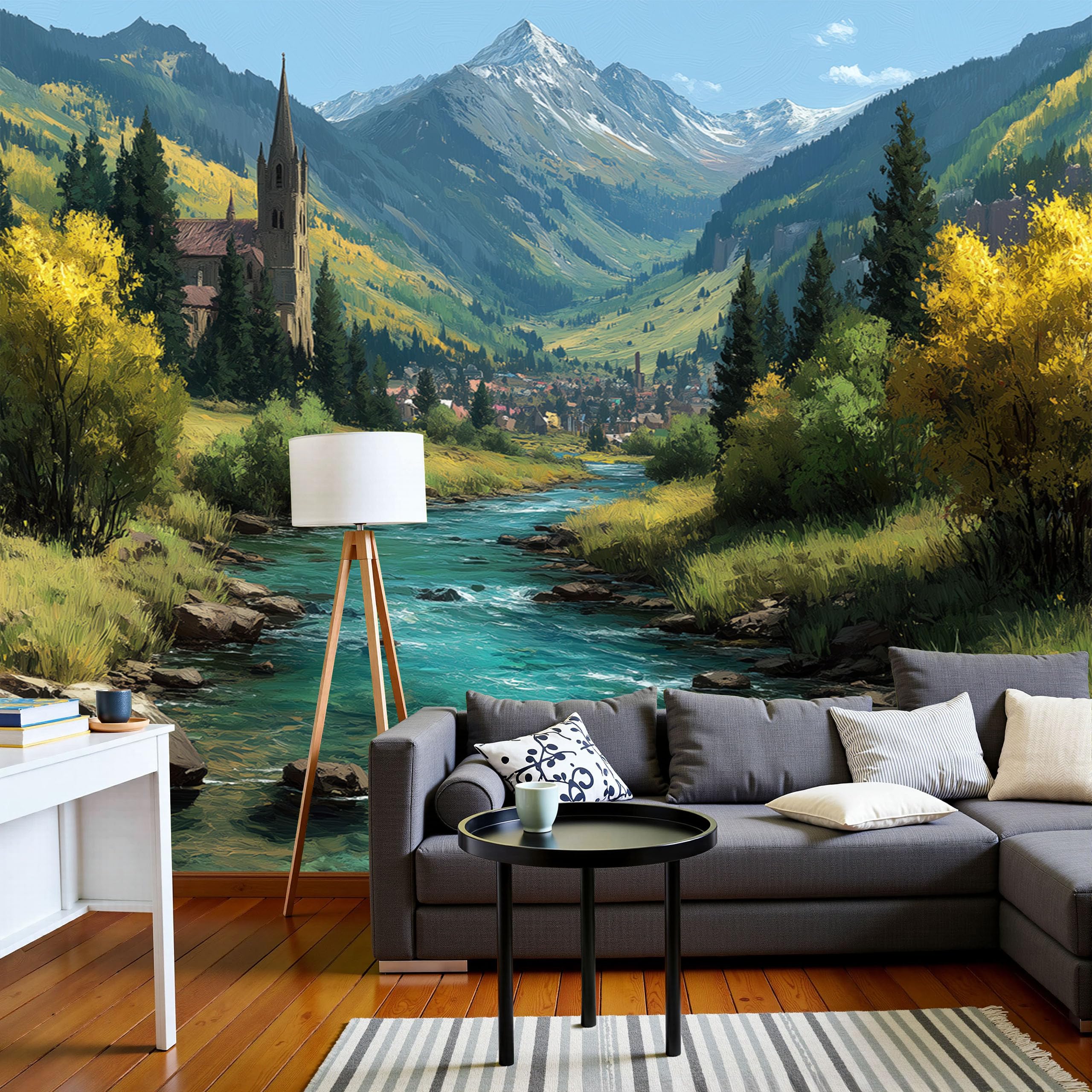 Papier Peint Panoramique Forêt Rivière Vallée turquoise 200X140cm