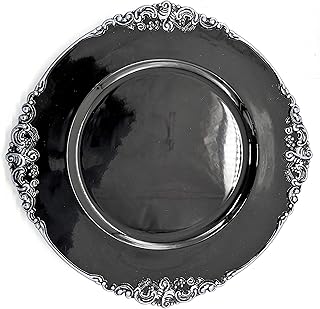 allgala 13-Inch 6-Pack Heavy Quality Round Charger Plates-Floral Black Silver Trim-HD80349