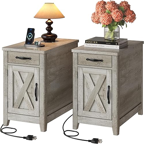 IRONCK Mesa auxiliar con estación de carga, mesa auxiliar estrecha para sala de estar, juego de 2 mesitas de noche con cajón y portavasos, mesita de