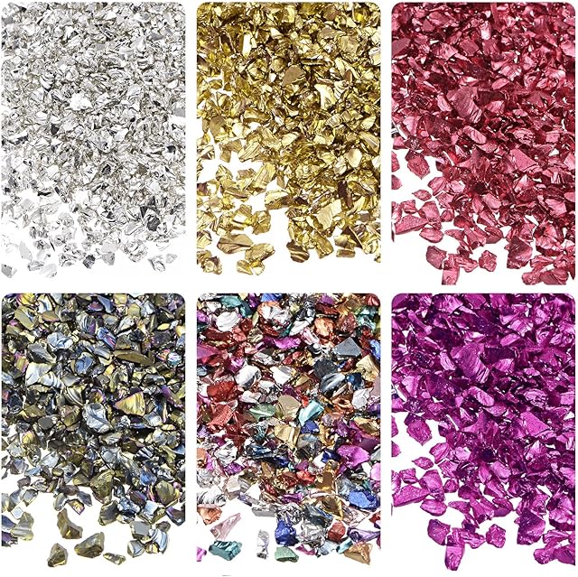 sourcing map 6 Colors Crushed Glass Chips, 1-4mm Irregular Glitter Metallic Glass for Craft DIY Jewelry Vase Filler Epoxy Resin Decoration 28g Colorful Color Series