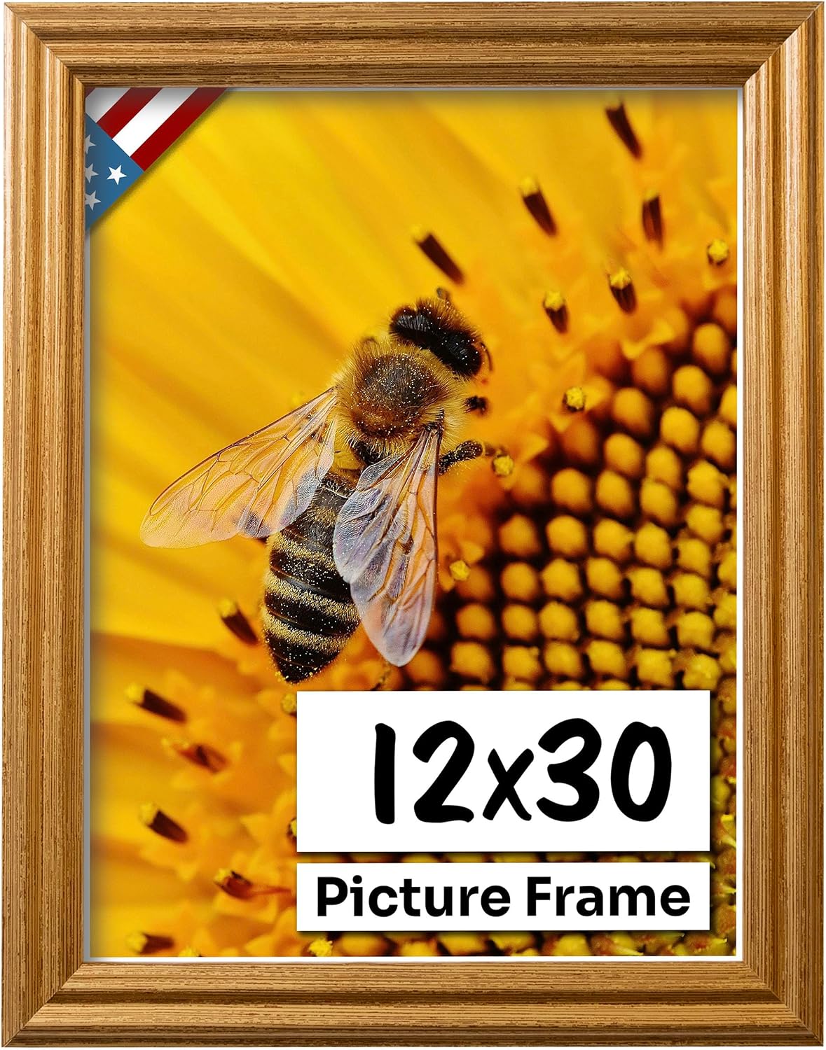 Honey Gold 12x30 Picture Frame .75" Inch Wide - Gold Wall Decor Handmade Solid Wood Frames with Preinstalled Hangers and UV Blocking Plexiglass 30x12 Frame
