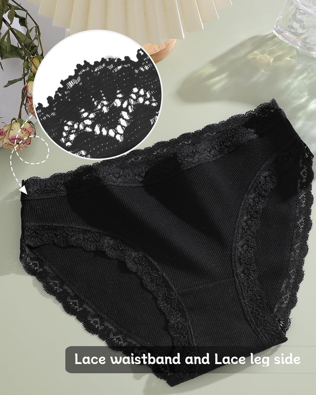 FINETOO Cotton Underwear for Women Sexy Cheeky Lace Bikini Panties Soft Breathable Womens Underwear 6 Pack - Image 4