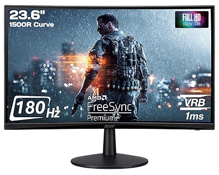 Acer ED240Q S3 23.6 Inch Full HD 1500R Curve VA LCD Monitor with Backlit LED I 1 MS VRB, 180Hz Refresh I 250 Nits I 2xHDMI 1xDP Ports with HDMI & DP Cable I Eye Care Features I Stereo Speakers I Black
