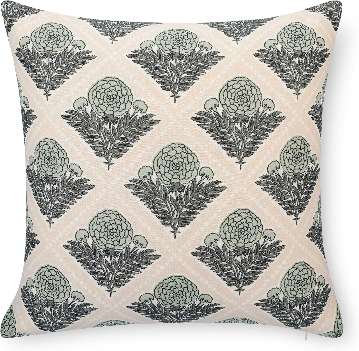 Crumbs Home Modern Farmhouse California Casual Indoor Outdoor Throw Pillow Cover, 20"x20" Water Repellent for Patio, Backyard, Couch, Earth Tone Light Green Tan Block Print Vintage Hydrangea Flowers