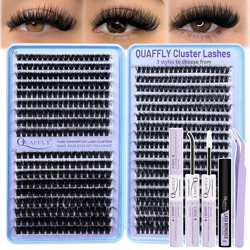 Kit de cílios em tufos reutilizáveis QUAFFLY com 666 unidades, pinça, adesivo, selante e removedor — 60+80+100-kit
