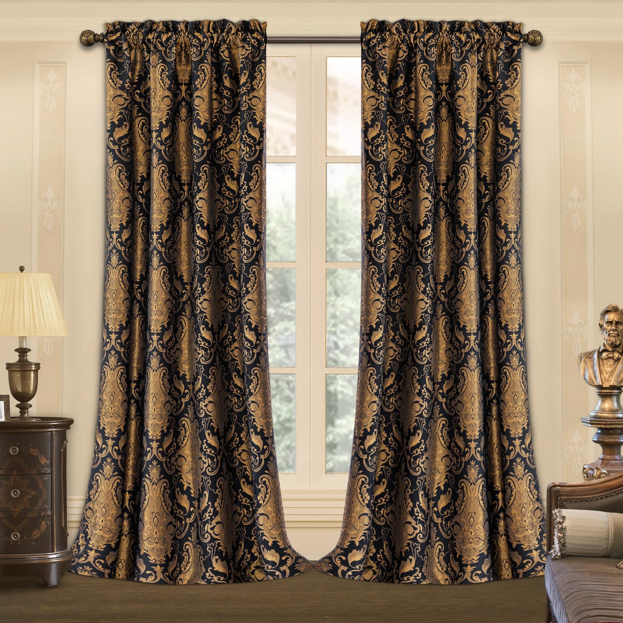 Loom and Mill Luxury Black Damask Curtains for Bedroom, Textured Lined Jacquard Curtains 2 Panels with Tiebacks, Window Curtain for Living Room Banquet Halloween Decor, Rod Pocket(52”x 108”, 2 Panels)