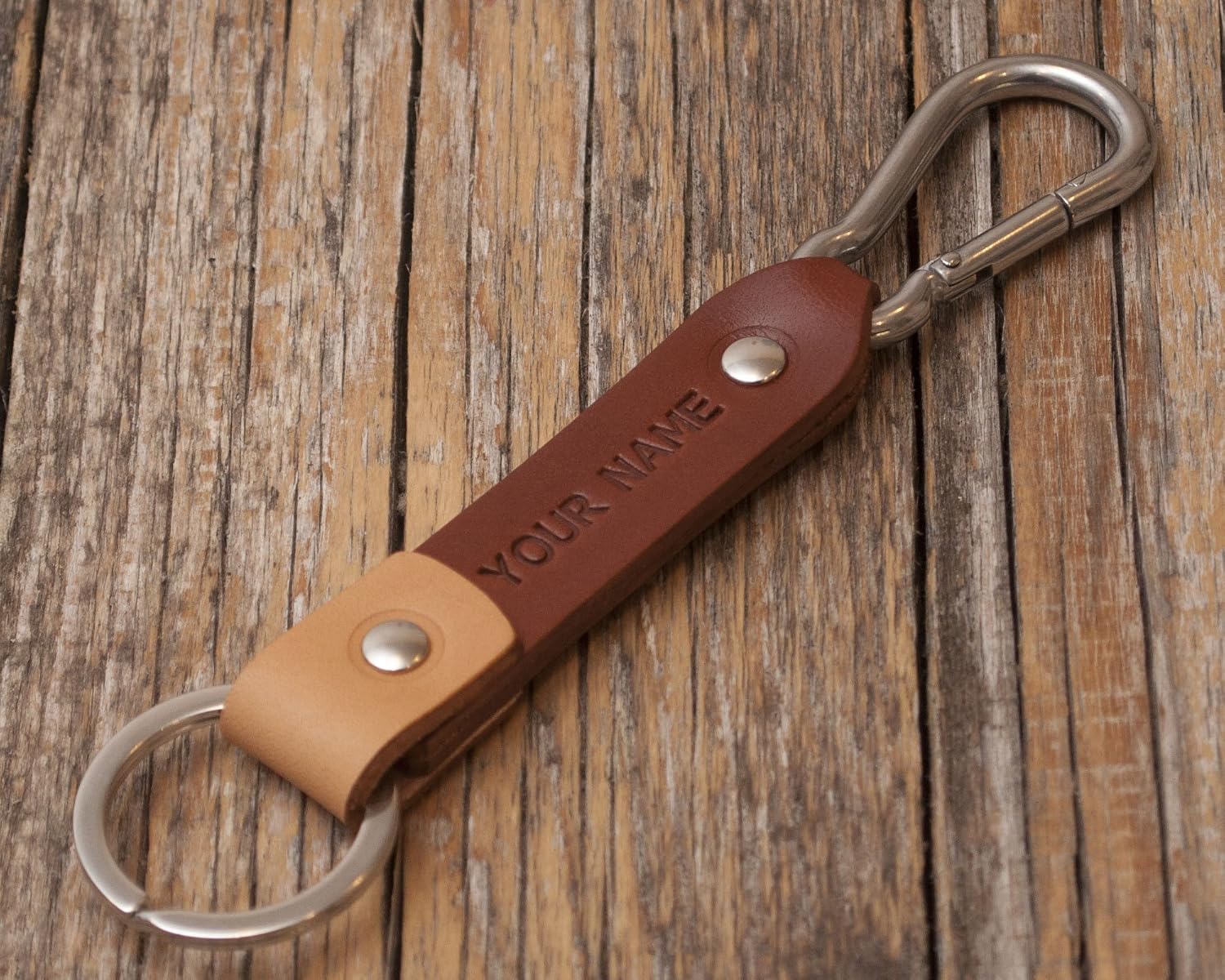 Tan and dark brown leather key chain, stainless steel carabiner hook, custom text, initials ring, monogrammed keychain, boyfriend fob holder clip keyring engraved personalized groomsmen gift