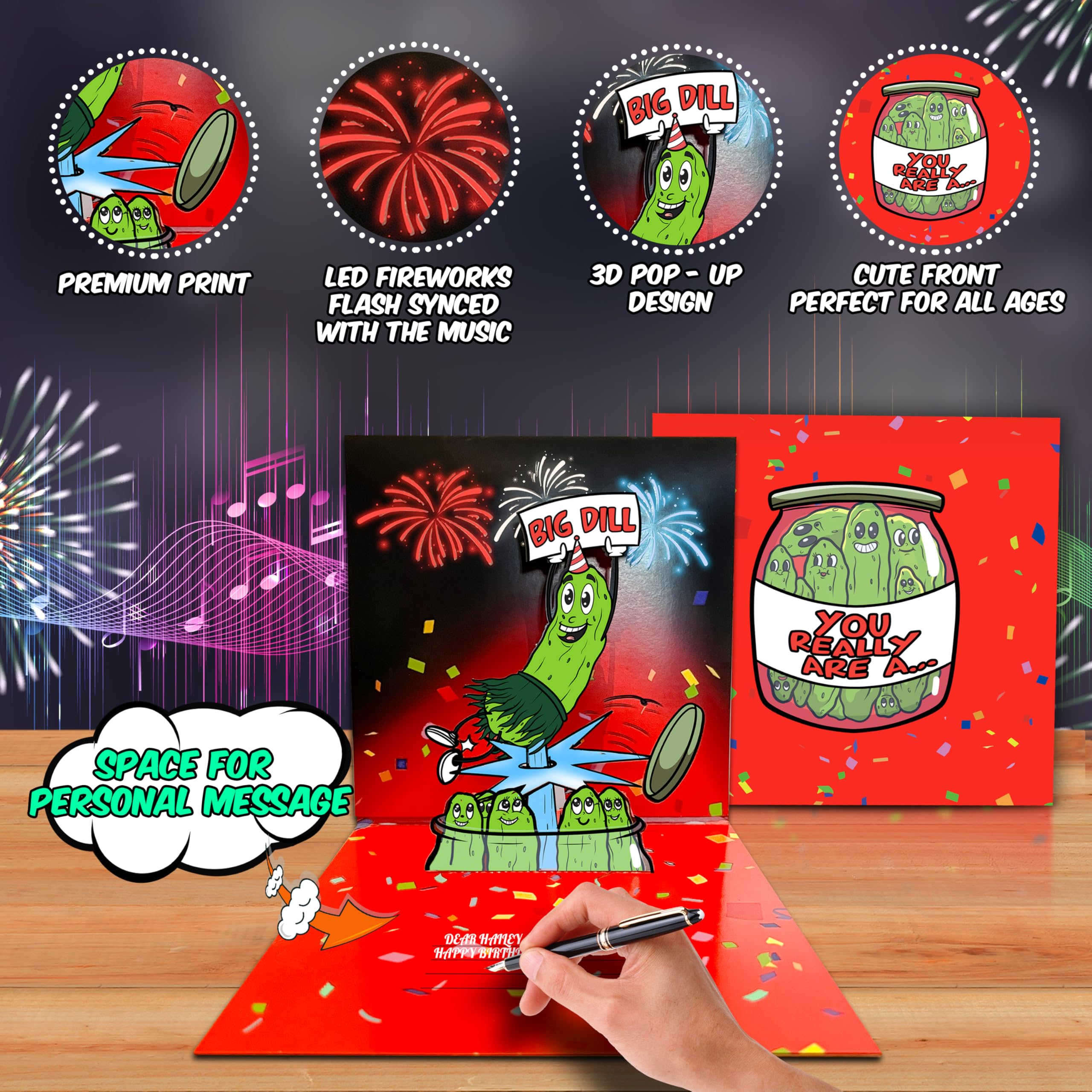 Divertida tarjeta de pepinillo con sobre, tarjeta de cumpleaños emergente interactiva para hombres, mujeres y niños para todas las ocasiones, tarjeta de felicitación iluminada para cantar, divertido