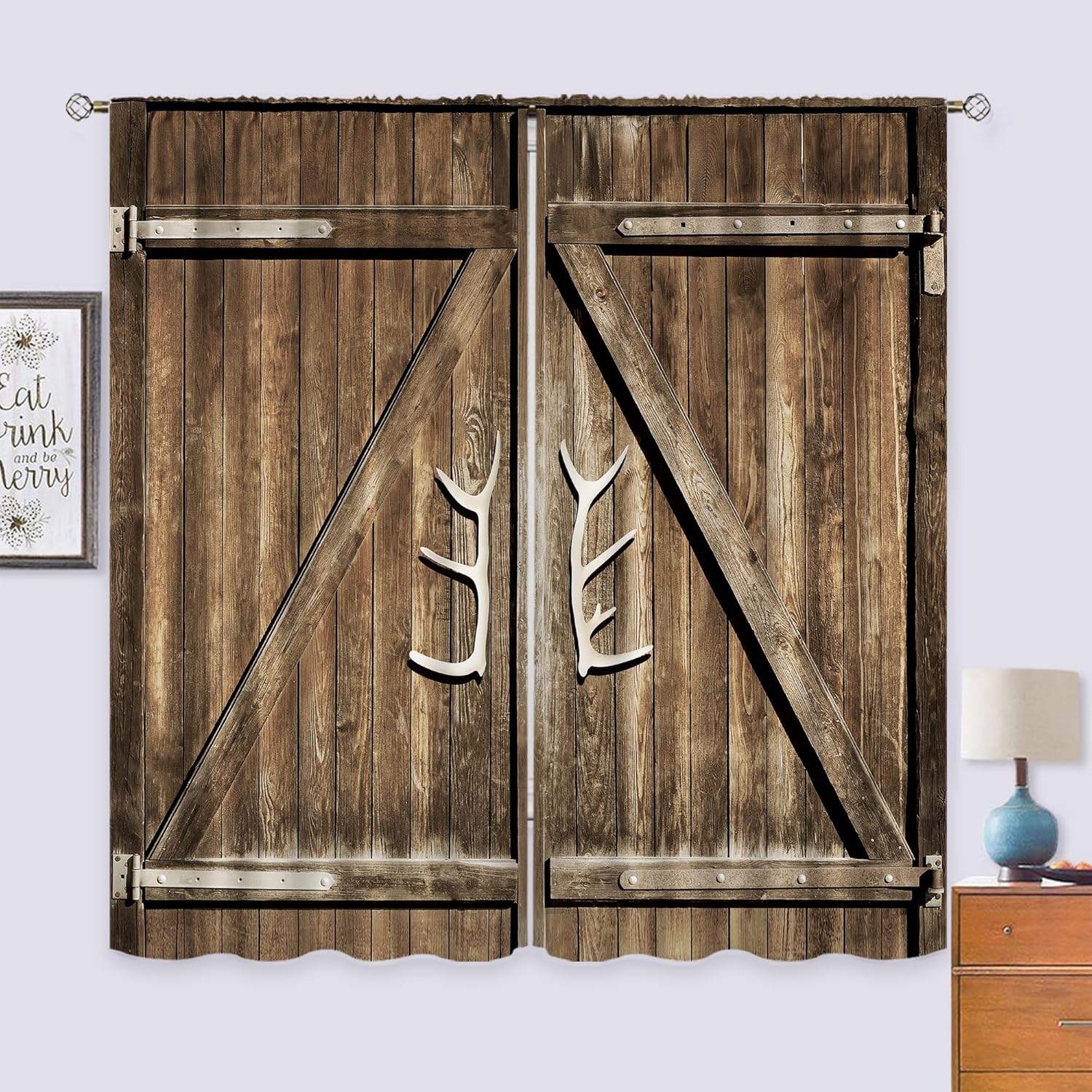 Cinbloo Rustic Western Curtains 42W x 63L Inch Rod Pocket Farmhouse Wooden Barnwood Country Bedroom Decor Vintage Retro Brown Wood Lodge Cabin Barn Door Living Room Window Drapes Fabric 2 Panels