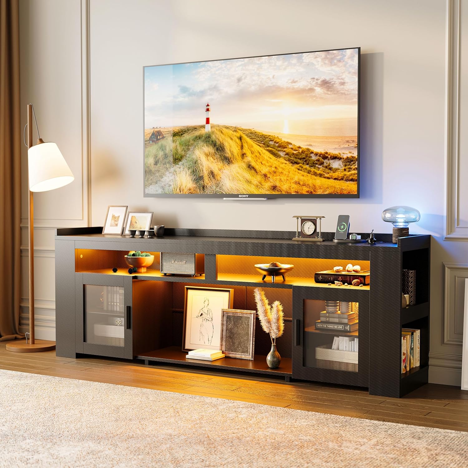 IRONCK TV Stand for TVs Up to 70" with Charging Station, LED Entertainment Center, Modern Carbon Fiber Media Console with Adjustable Glass Shelves & 2 Doors, Organize Your Gaming & Living Room, Black - Image 2