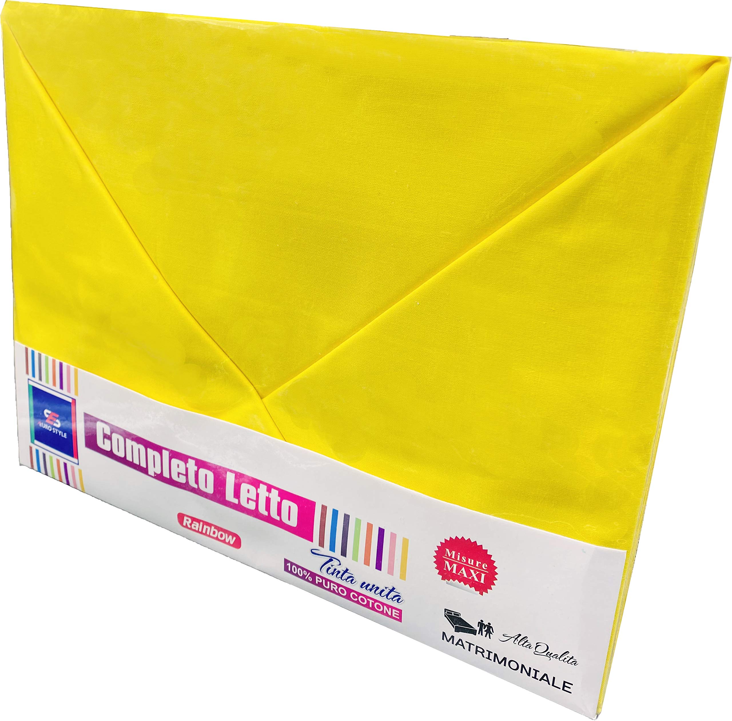 EUROSTYLE Set Completo Letto Art. RAIMBOW Tinta Unita Lenzuolo sotto Angoli Lenzuolo sopra Senza Angoli e Due federe abbinate in Fibra di Puro Cotone Naturale (Matrimoniale,Colore Giallo)