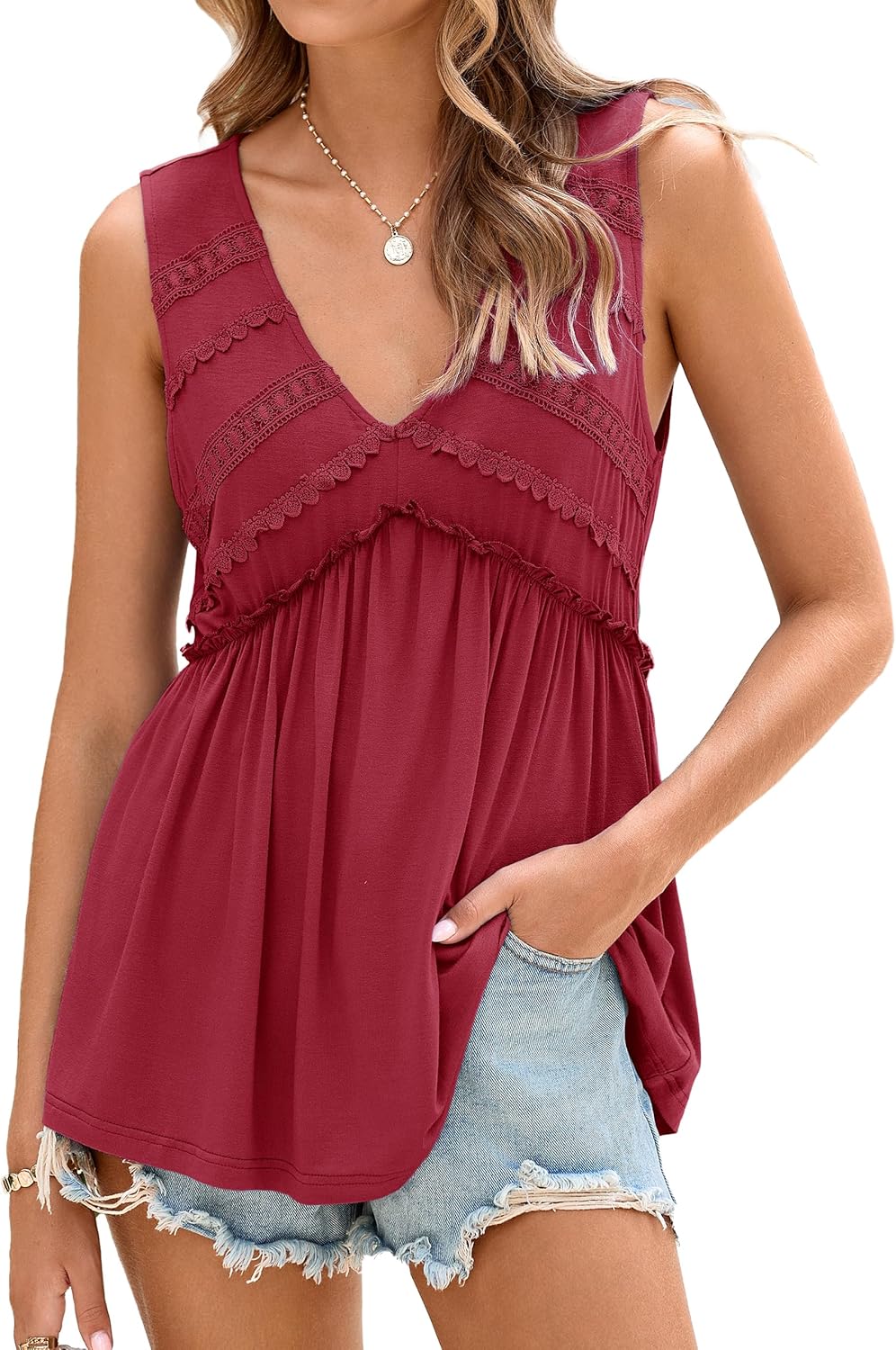 Glamaker Women Summer Tank Tops Babydoll Beach Lace Peplum Tops Boho Flowy Sleeveless V Neck Casual Tunic Shirts