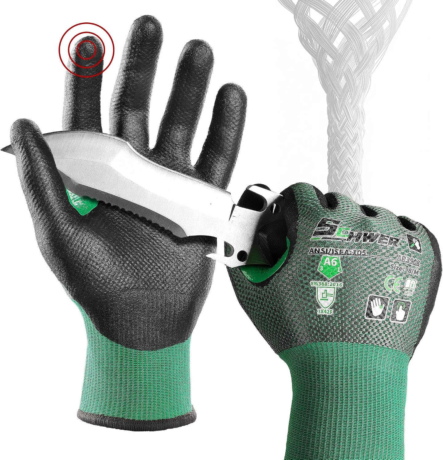 Schwer AIR-SKIN ANSI A6 Cut Resistant Gloves, AR3908 Cut Proof Glove, Ultra Thin Cutting Glove with Reinforced Thumb, Non-PFAS, Wire & Fiberglass Free, Work Glove for Mechanics, M, 150 Pairs