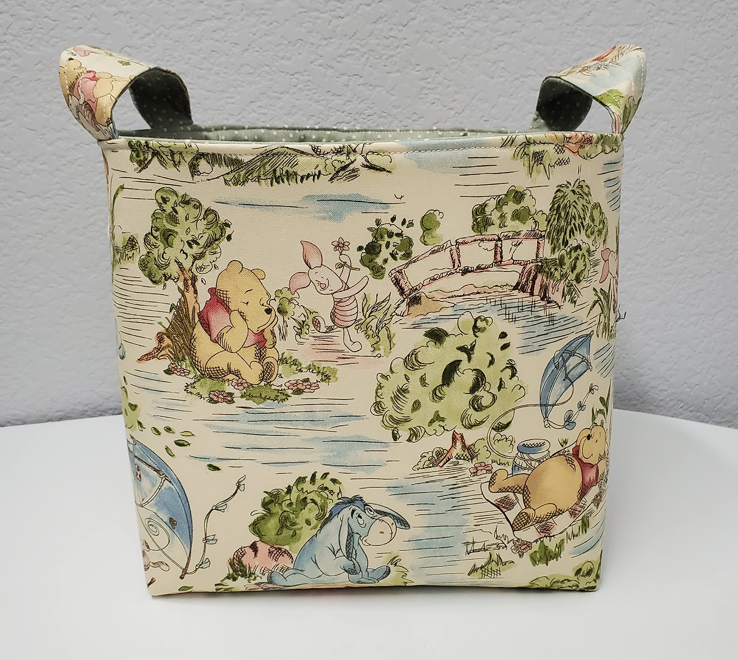 Fabric Organizer Basket Bin Caddy Storage Container - Medium Winnie the Pooh Eeyore Piglet on Green
