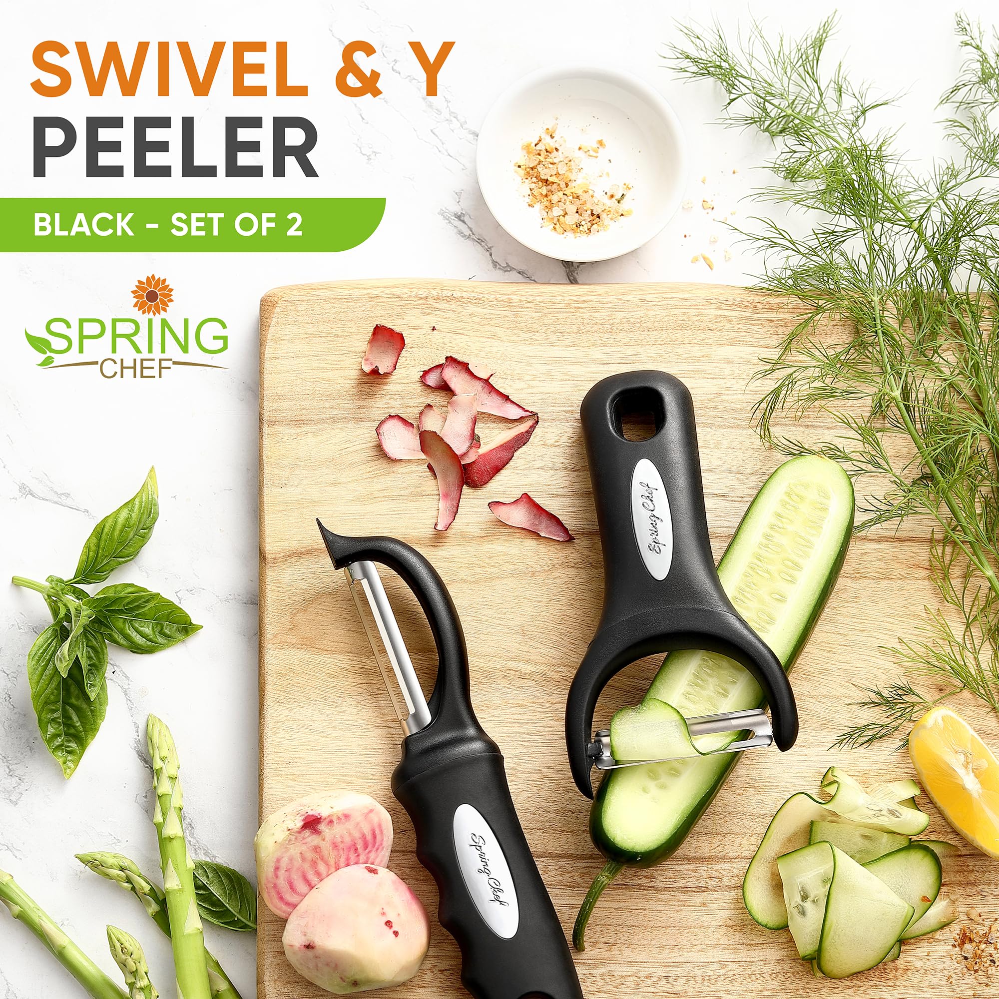 Spring Chef Pelador giratorio de verduras y pelador en Y, asas de agarre suave y cuchillas de acero inoxidable ultra afiladas, apto para lavavajillas, para verduras, frutas, patatas, zanahorias,