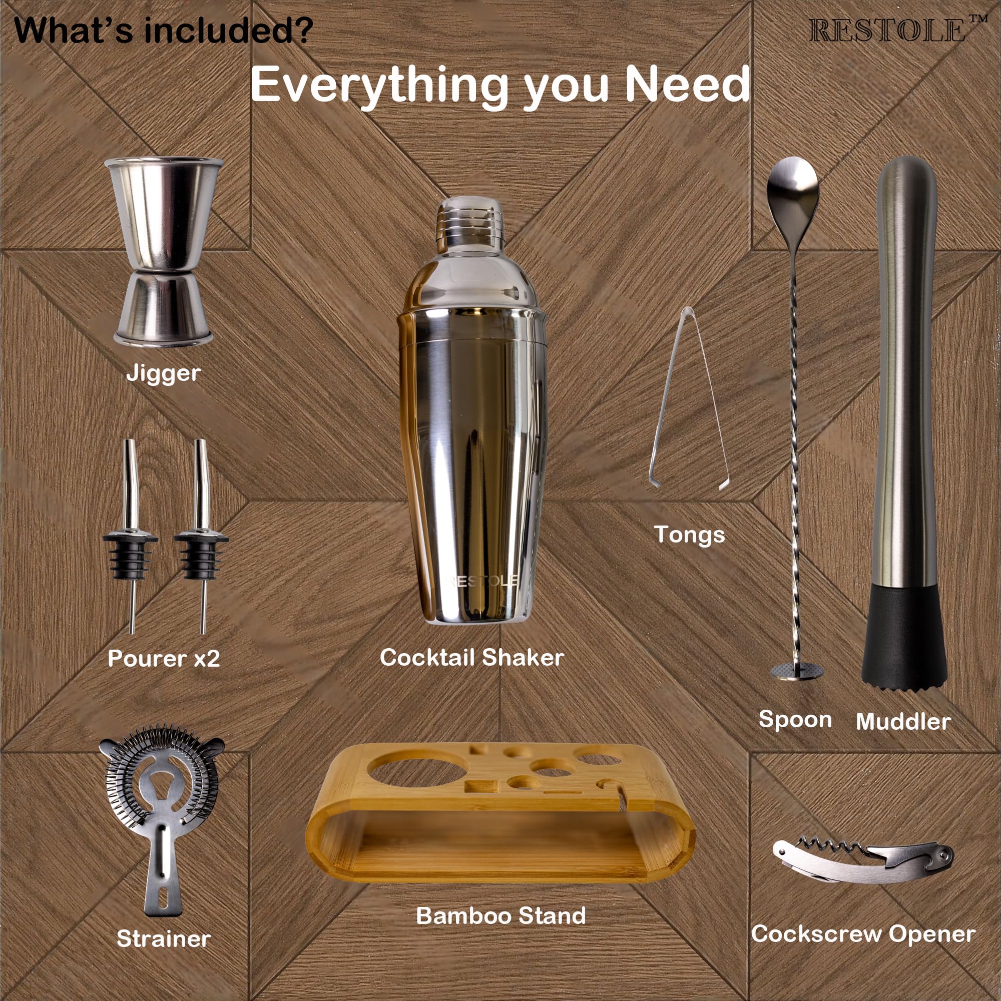 Juego de camarero: kit esencial de 10 piezas para hacer cócteles perfectos en casa, bar, salón y fiesta. Coctelera plateada de 24 onzas y un soporte de madera incluido.