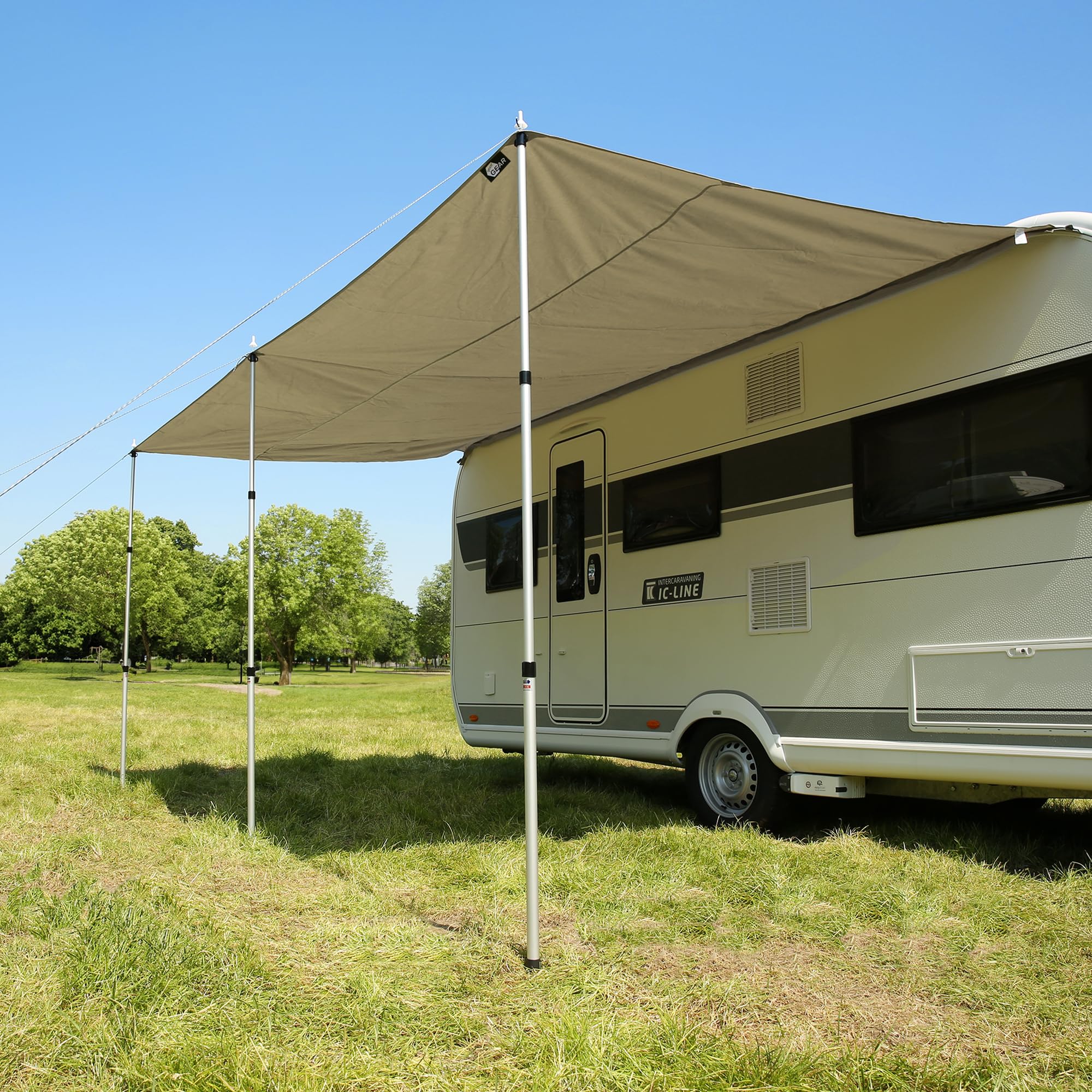 your GEAR Caravan Tarp TC Auvent de caravane - Voile d'ombrage en coton imperméable avec UV 50+, barres télescopiques en aluminium, 5 tailles, beige/sable, 400 x 240 cm