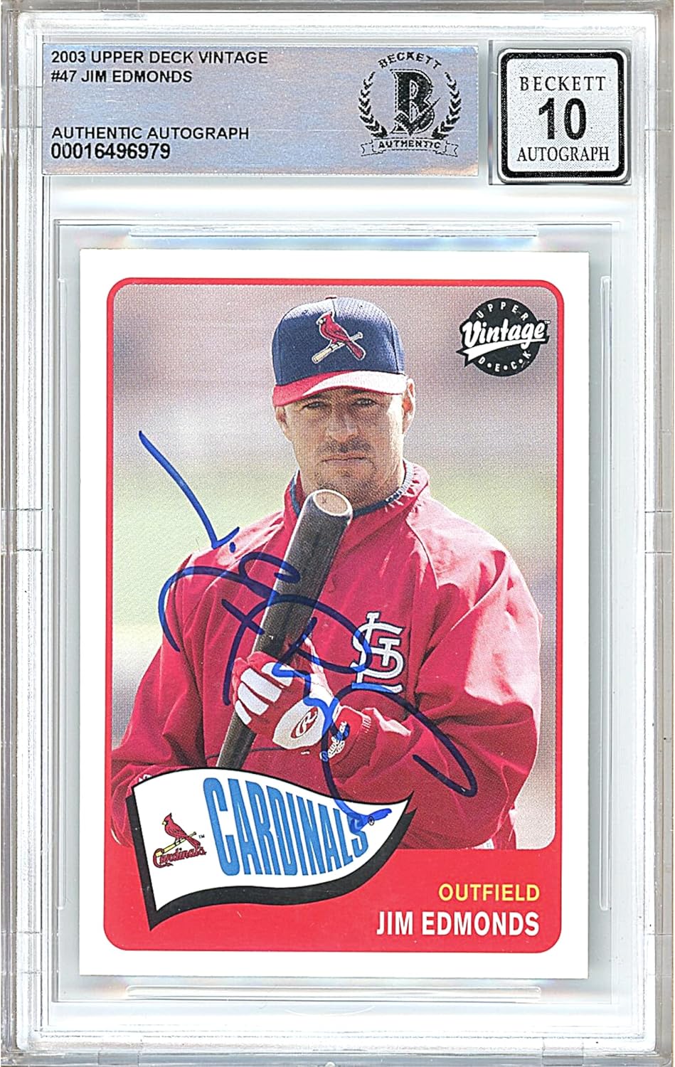 Jim Edmonds Autographed 2003 Upper Deck Vintage #47 Baseball Trading Card Beckett BGS Auto 10 Graded BAS Authentic Slabbed COA Played For St Louis Cardinals MLB