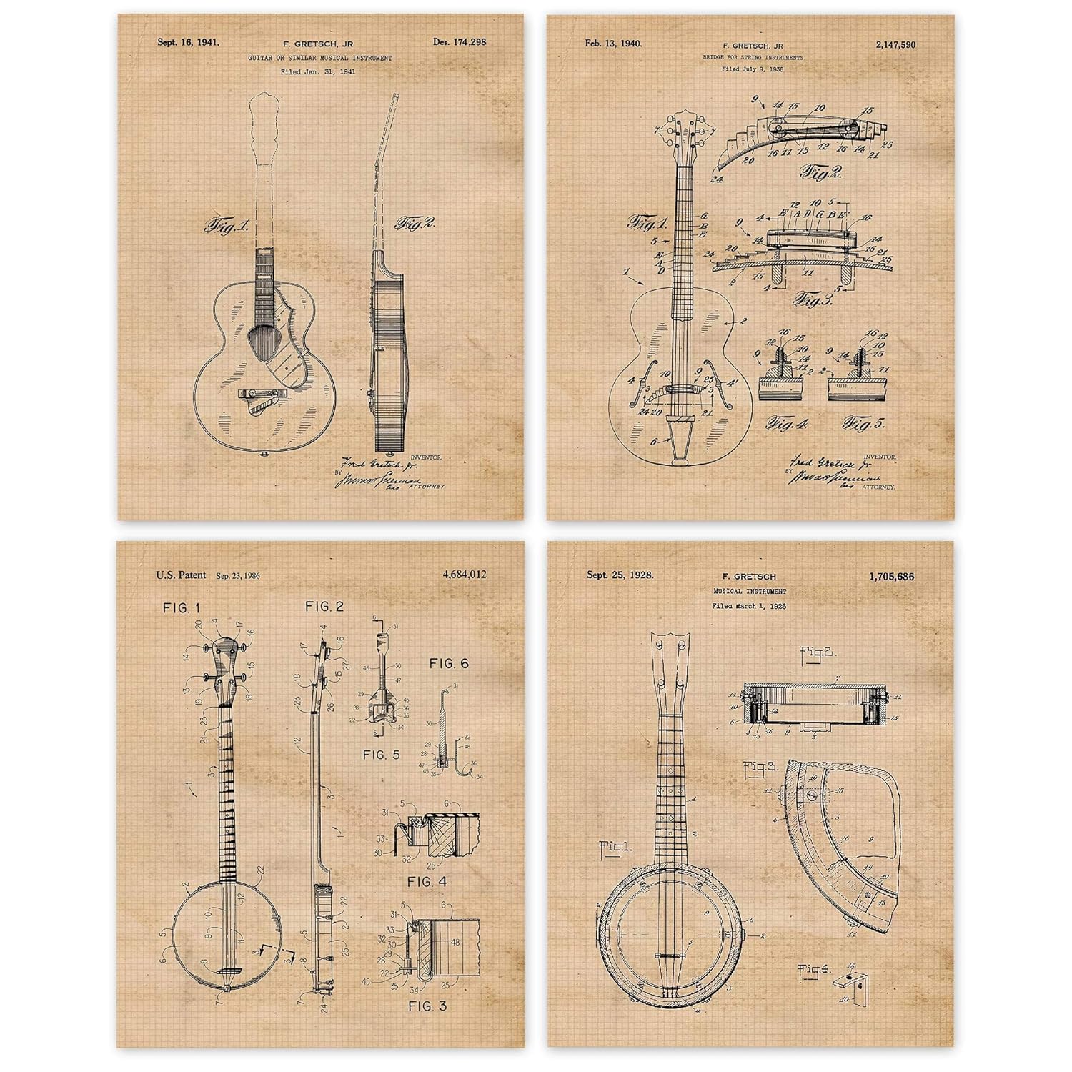 Vintage Guitars Banjos Patent Prints, 4 (8x10) Unframed