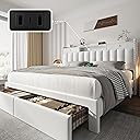 CypBed Queen Bed Frame with Headboard & 4 Storage Drawers,Velvet Upholstered Platform Bed Frame Queen Size with 3 USB & Type-C Charging Ports,Solid Wood Slats,No Box Spring Needed, No-Noise,White,Gift
