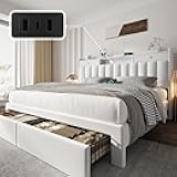 CypBed Queen Bed Frame with Headboard ＆ 4 Storage Drawers,Velvet Upholstered Platform Bed Frame Queen Size with 3 USB & Type-C Charging Ports,Solid Wood Slats,No Box Spring Needed, No-Noise,White,Gift