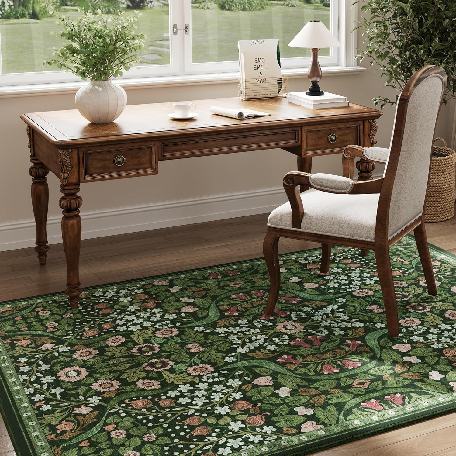 5x7 Green Floral Washable Area Rug for Living Room, Non-Slip Soft Vintage Boho Carpet, Botanical Forest Green Low Pile Rugs for Bedroom, Dinning Room, Home Office, Dorm, Nursery, Dark Green