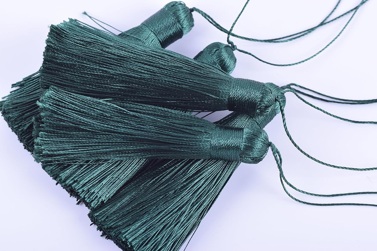 KONMAY 10pcs 3.2''(8.0cm) Soft Long Silky Handmade Tassel with Hanging Strings for DIY Project (Dark Green)