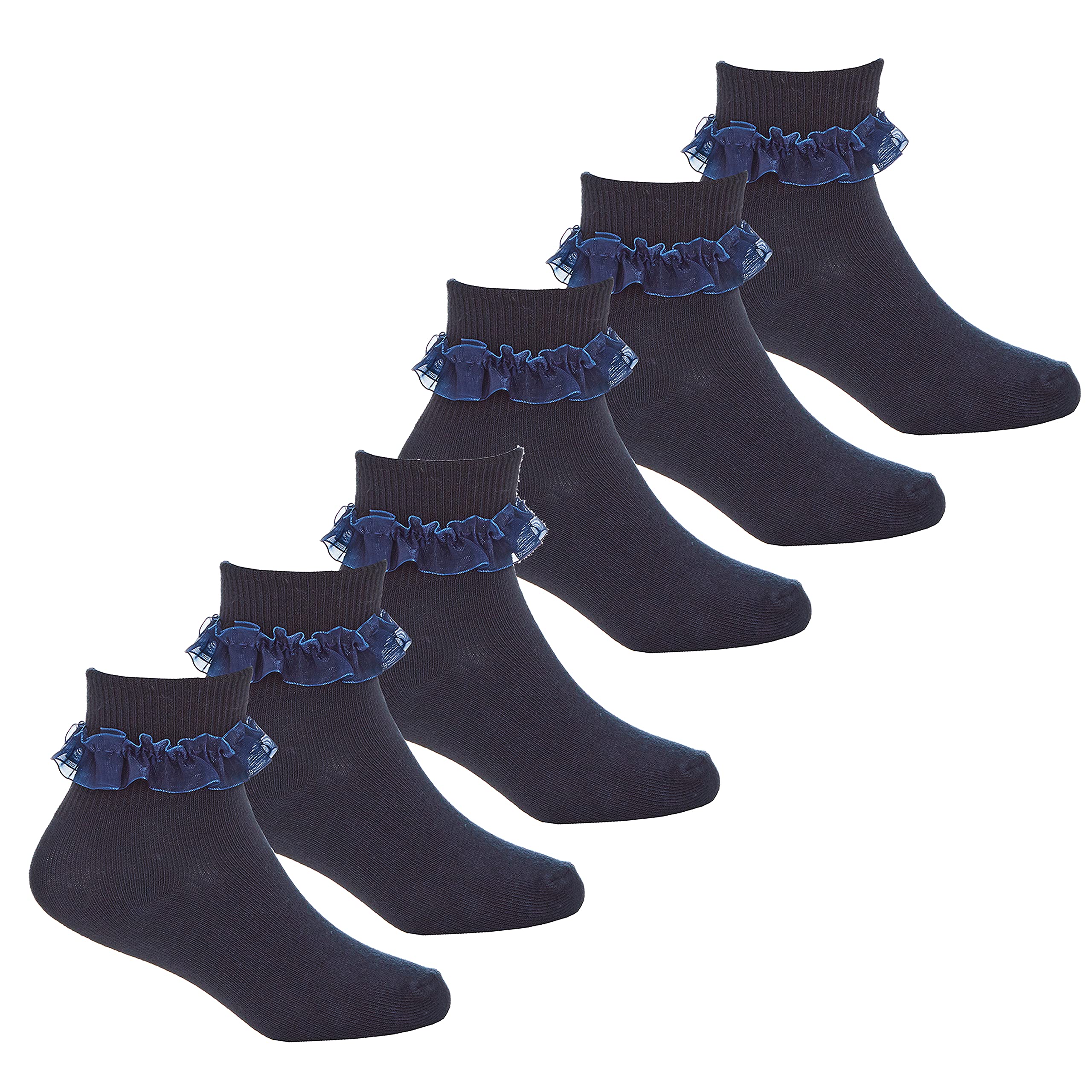 Metzuyan Girls 6-Pack Frilly Socks Organza Lace Frill Back to School Navy 6-8.5