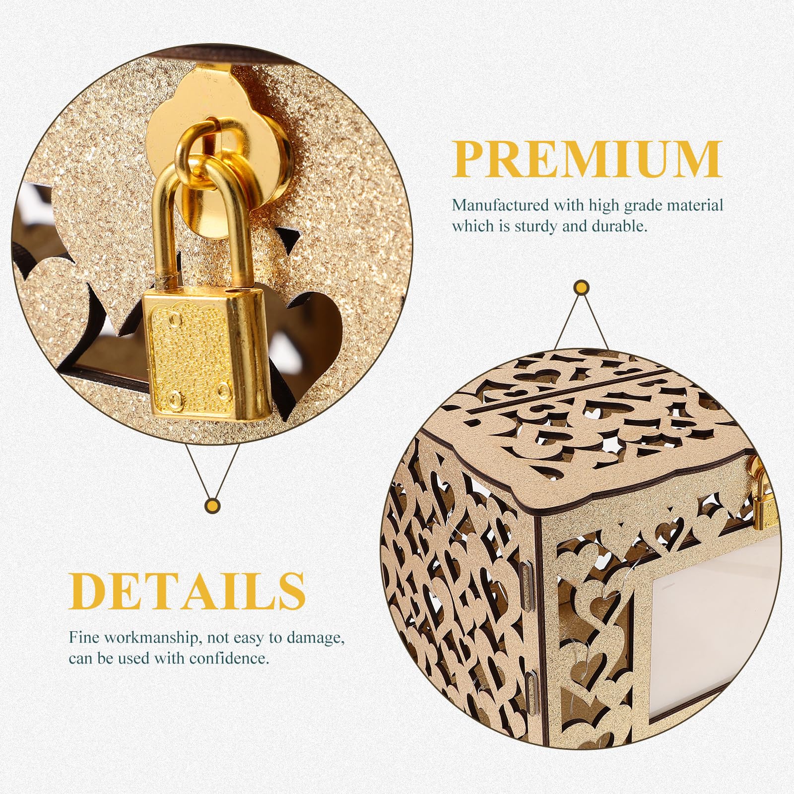 Elegante Holzkartenbox in Gold mit LED Lichterkette Multifunktionale Hochzeitsgeldkasse und Dekoration für Hochzeitsempfang und Party
