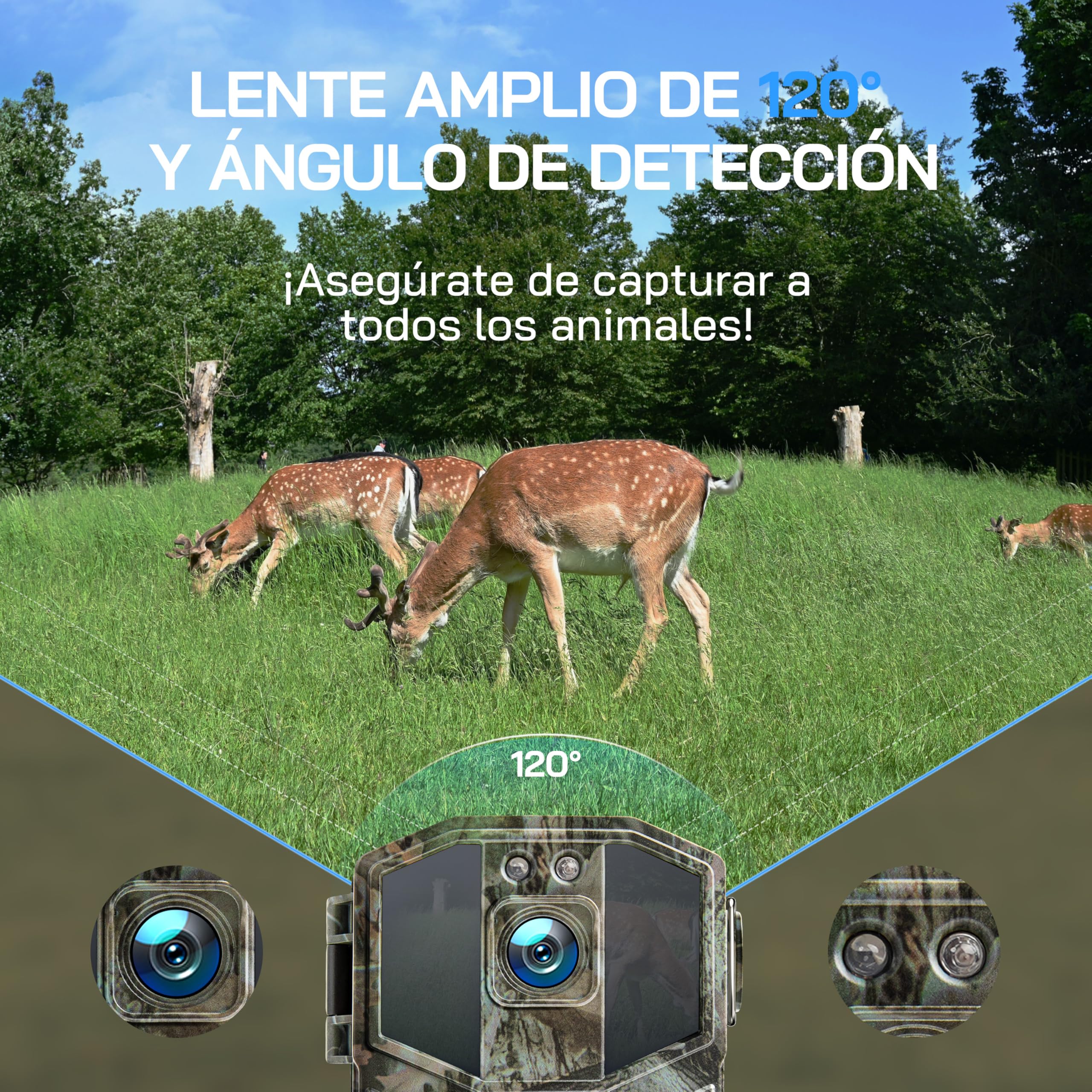 WOLFANG Cámara de Caza WiFi 4K 64MP, Camara Fototrampeo con 0.1s Velocidad de Disparo, Visión Nocturna, Diseño de Temporizadorn, IP66 para Vida Silvestre y Monitoreo de Seguridad