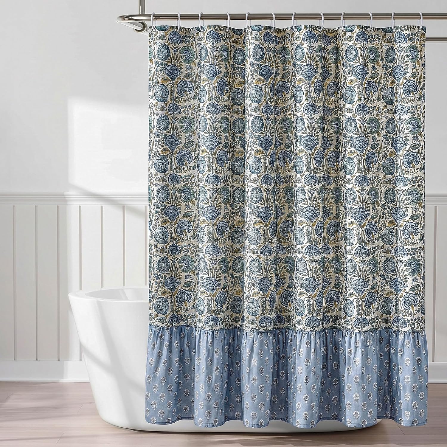Boho Shower Curtain 72" x 72" Block Print Asparagus Green Shower Curtain Blue and Green Floral Linen Bathroom Decor for Cottagecore Farmhouse Country Bathroom Decor