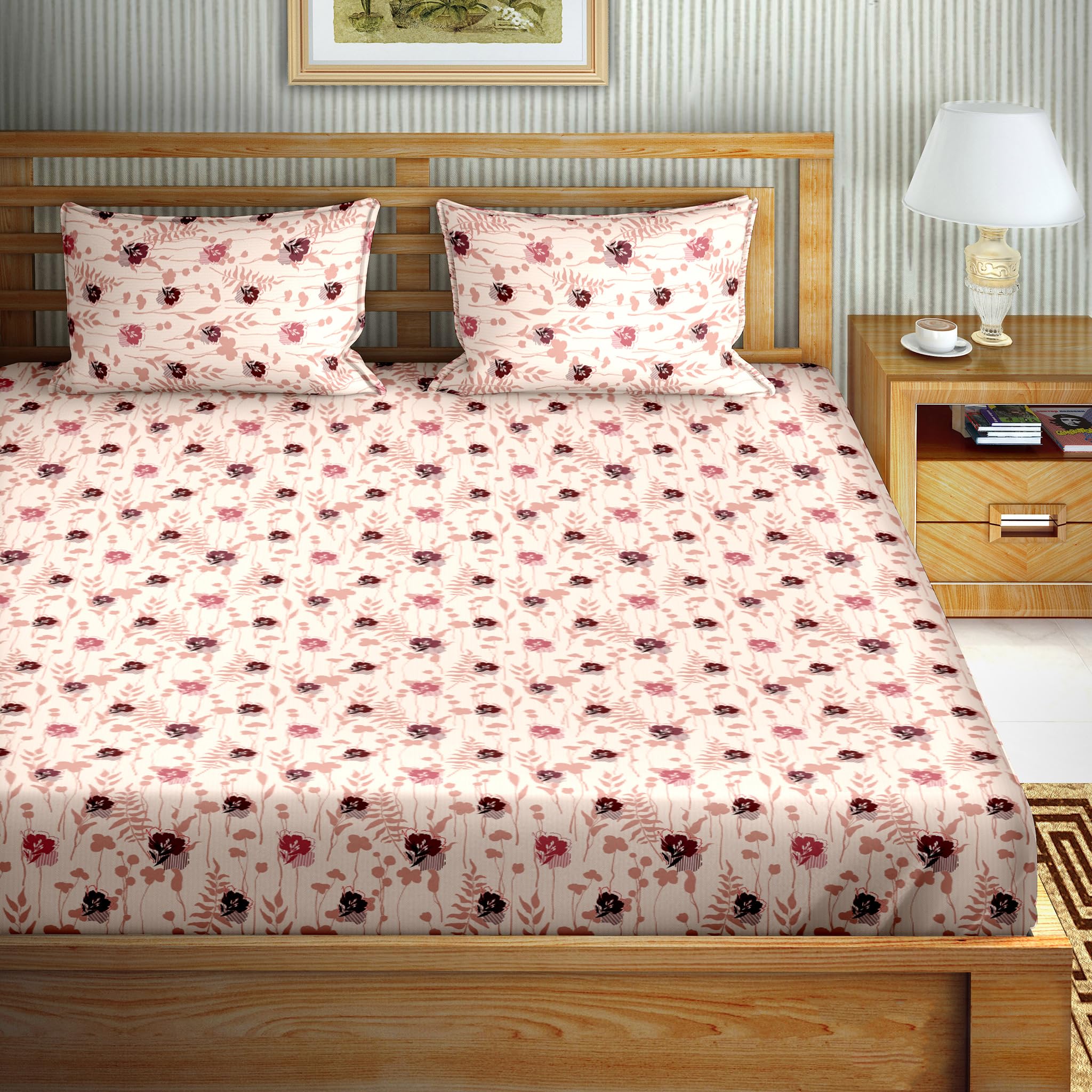 Bella Casa Double Bedsheet Set Cotton King Size with 2 Pillow Covers Floral Design Peach Colour - Stella Collection