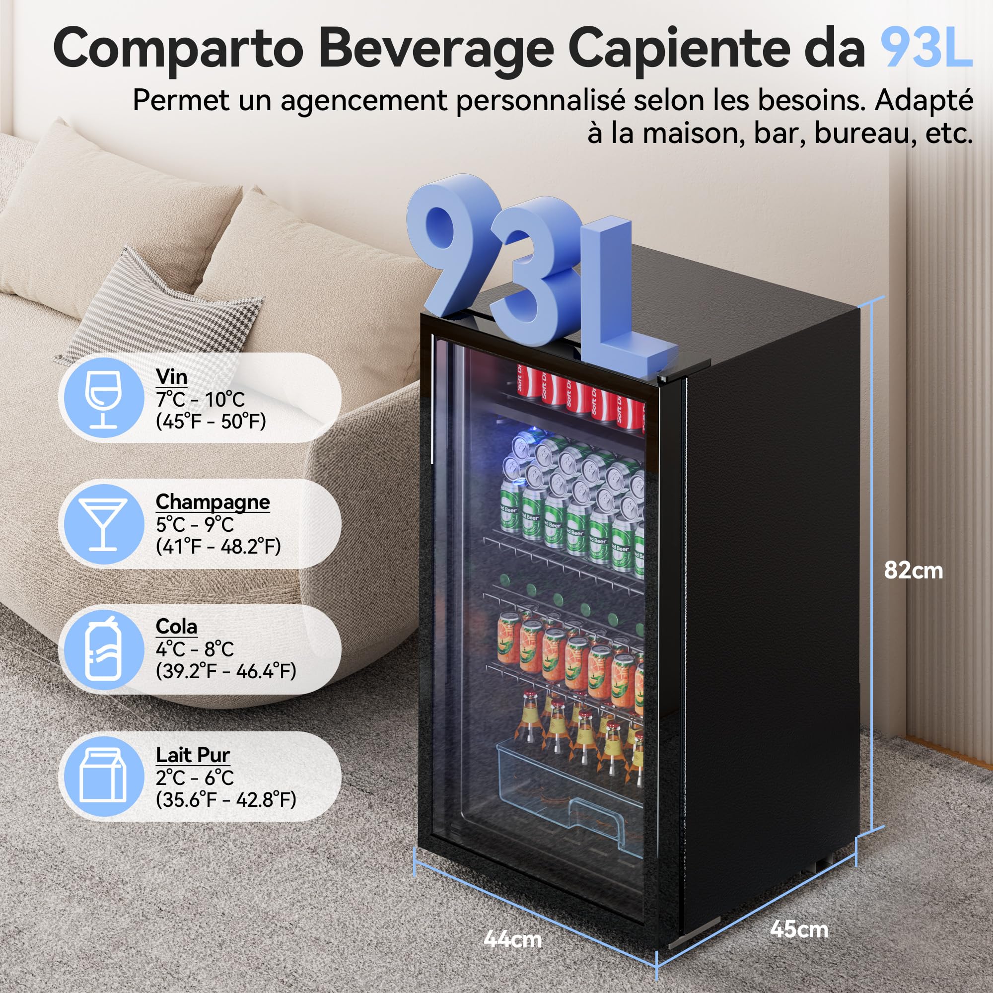 JUMMICO Frigorifero per bevande, 93 l, piccolo con illuminazione LED blu, frigorifero per birra con porta di design in vetro, con 3 ripiani e portabottiglie per soda/birra/vino [Classe di efficienz