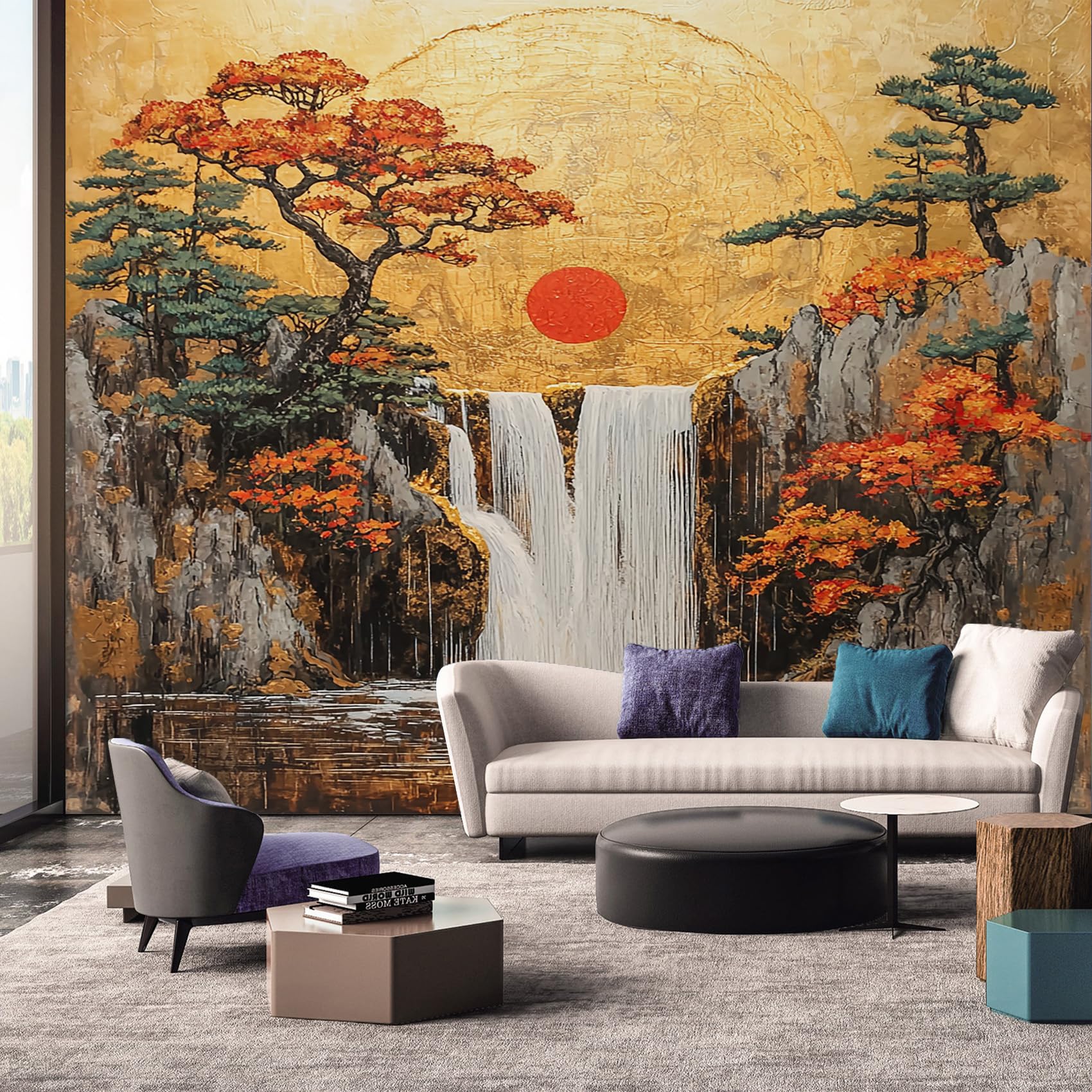 Waterfall Wallpaper, Sun Tree Mountain Mural Wallpaper, Waterfall Room Decor Wall Art for Living Room Bedroom Kitchen 500L x 280W cm