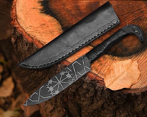 Miniatura 2 de Wazir Crafts Cuchillo de estilo vikingo hecho a mano de 10 pulgadas, mango de cabeza de cuervo de Odín, hoja de acero de alto carbono de espiga