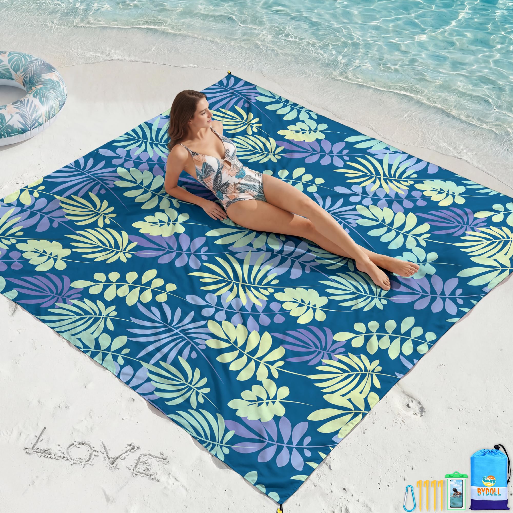 BYDOLL Stranddecke, wasserdicht, sanddicht, 200 x 270 cm, geeignet für 1–7 Erwachsene, kompakt, leicht, übergroß, sandfrei, große Picknickmatte für Strand, Reisen, Camping, Wandern