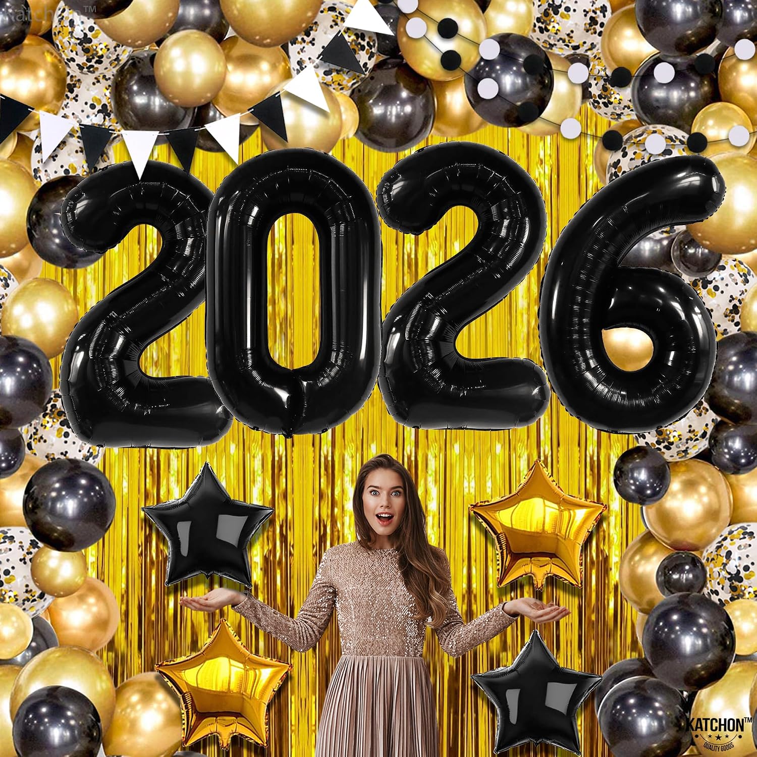 KatchOn, New Years Decorations 2026 Set - Huge, Pack of 85 | Black Gold Stars Balloon, Gold Fringe Curtain Backdrop, 2026 Balloons | New Years Eve Party Supplies 2026, Next Years Birthday Party Decor