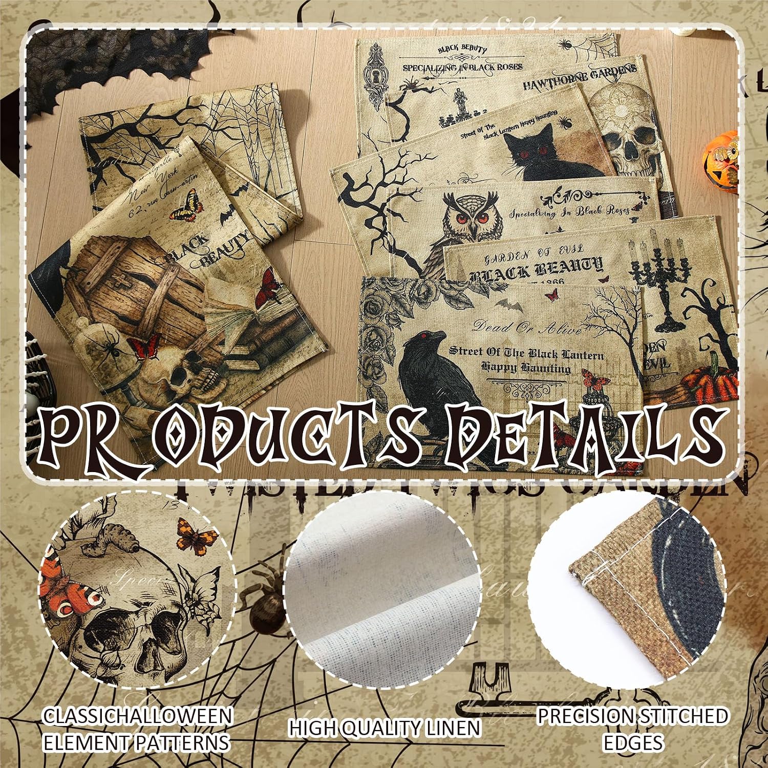 Breling 7 Pcs Halloween Placemats with Runner 12"x18" Terror Forest Gothic Bat Placemats Washable Rectangle Skull Table Mats for Halloween Kitchen Dining Table Home Accessories(Gothic)