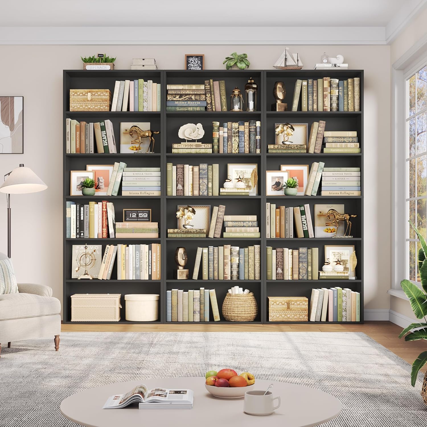 FOTOSOK 6-Tier Open Bookcase and Bookshelf, Freestanding Display Storage Shelves Tall Bookcase for Bedroom, Living Room and Office, Black