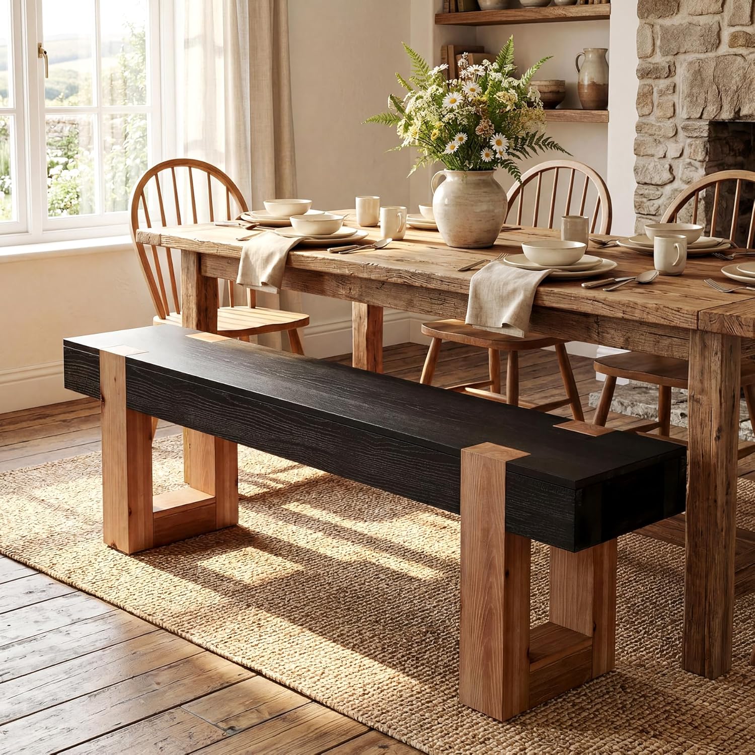 55" Solid Wood Dining Bench, Farmhouse Wooden Entryway Bench, End of Bed Bench, Indoor Bench Seat for Bedroom, Dining Room, Kitchen, Hallway, Black & Brown