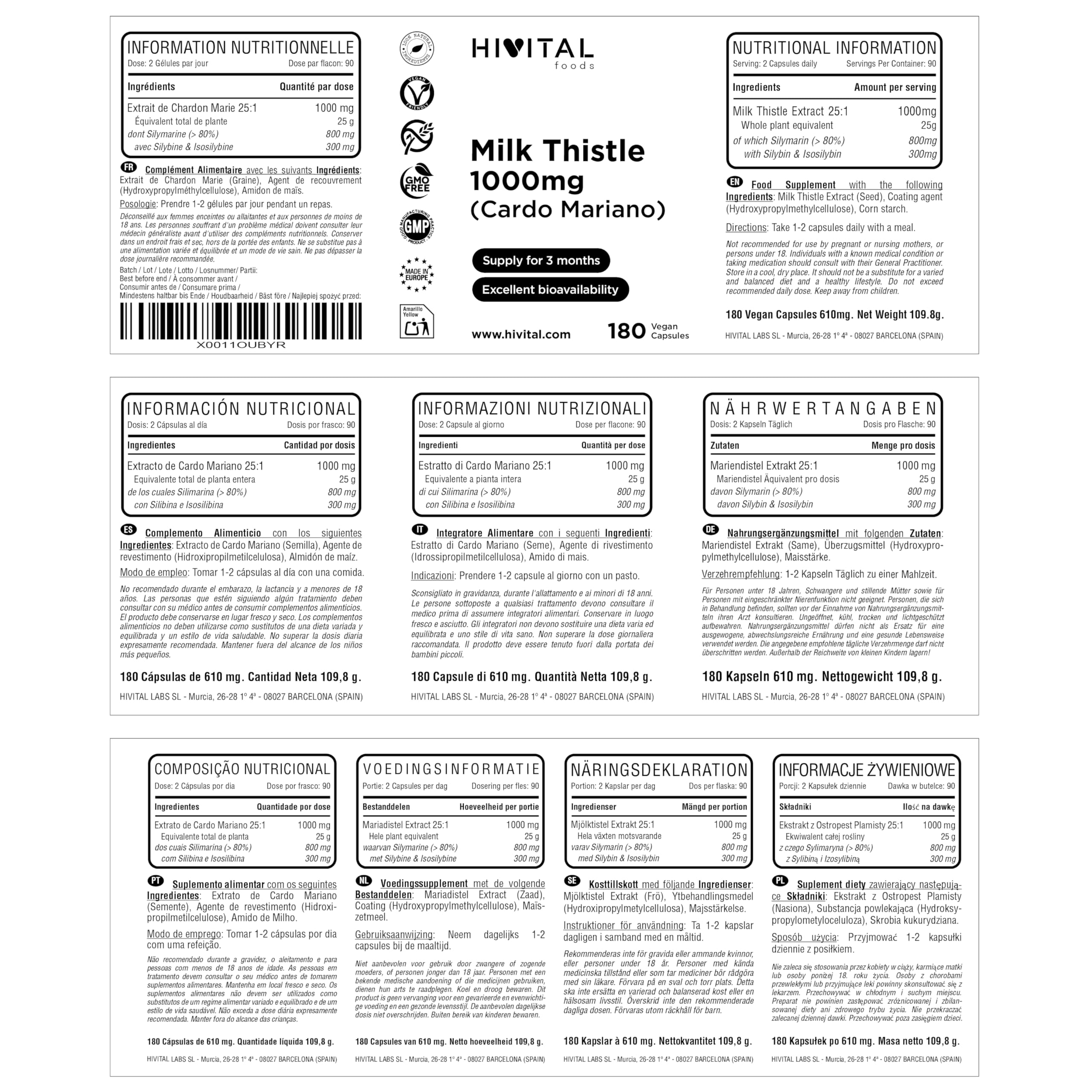 Chardon Marie 1000 mg. 180 gélules vegan pour 6 mois de traitement. Extrait concentré 25:1 avec 80% de Silymarine et 30% de Silybine et d'Isosilybine. Fabriqué en Europe par HIVITAL