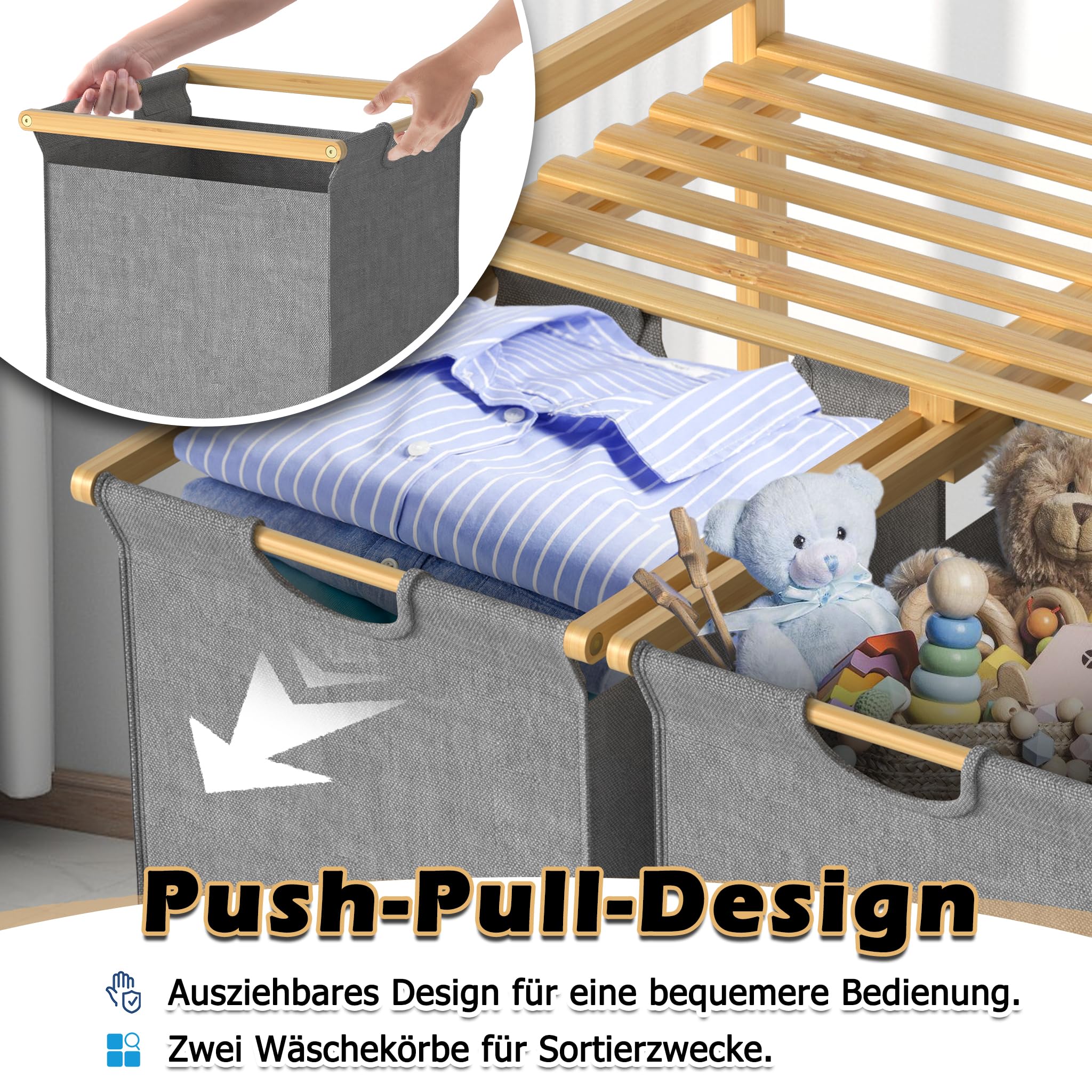 YRHome Kosz na pranie z ramą bambusową, 2 przegródki, 36 l, 73 x 64 x 33,5 cm, kosz na pranie z półką, kosz na pranie z tkaniny Oxford, do pralni, sypialni, szary