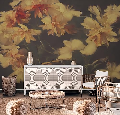 Miniatura 5 de Fondo oscuro vintage con flores amarillas papel tapiz botánico. Papel tapiz despegable y pegable, papel tapiz removible, floral oscuro, papel tapiz