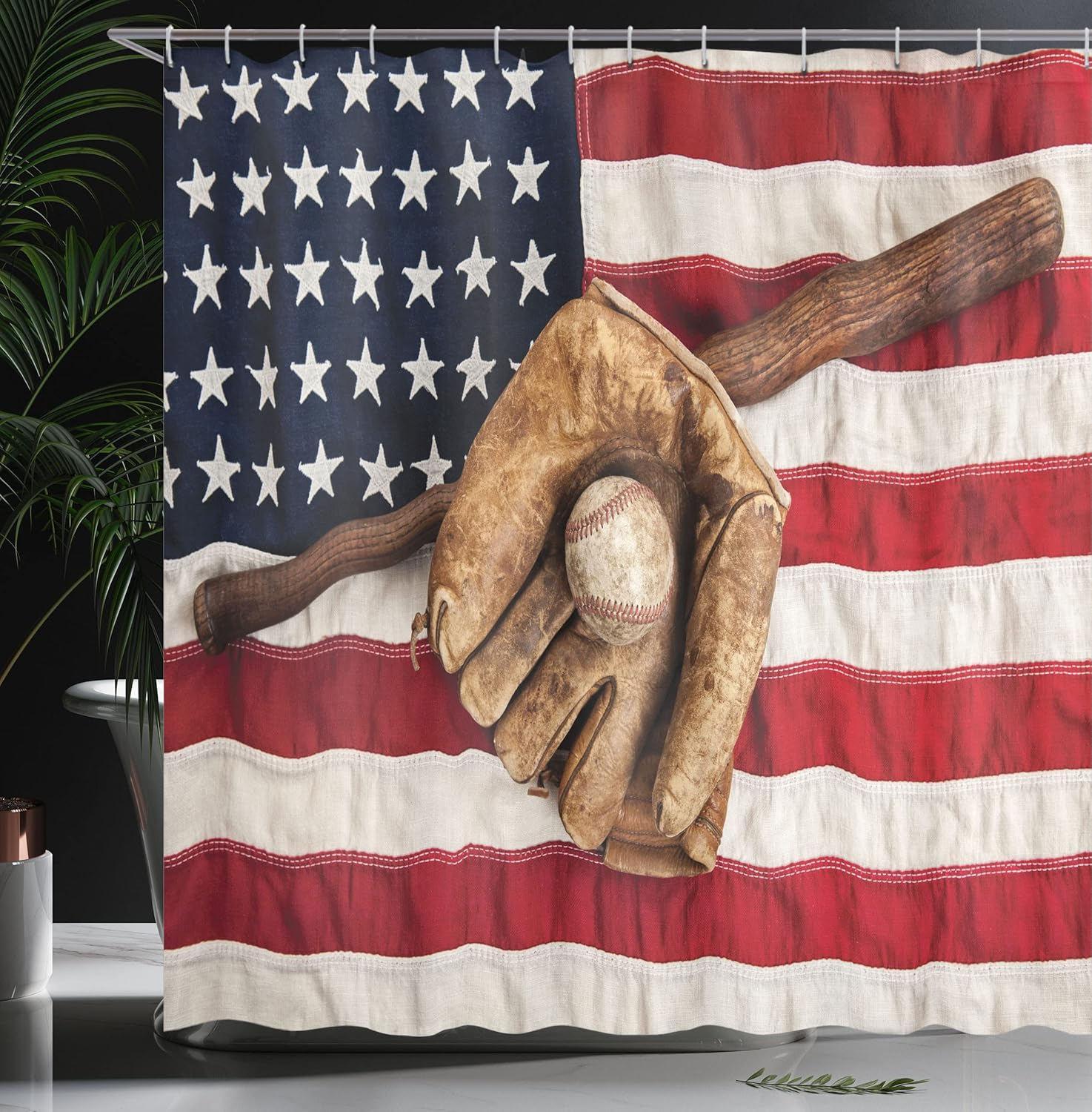 Ambesonne Baseball Shower Curtain, Vintage Baseball League Equipment USA Grunge Glove Bat Fielding Sports Theme, Cloth Fabric Bathroom Decor Set with Hooks, 69" W x 70" L, Brown Red Blue