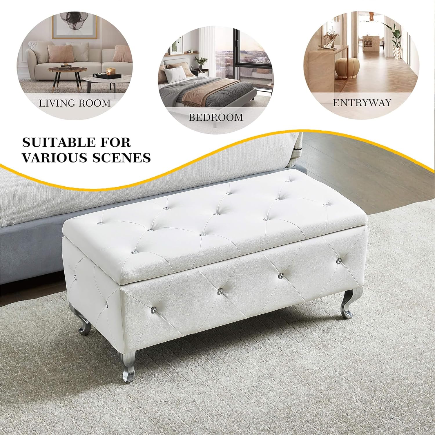 Tufted Storage Ottoman Bench with Crystal Buttons, PU Leather Upholstered Flip Top Bench for Entryway, Bedroom, End of Bed - Hidden Storage Chest with Padded Seat (White)