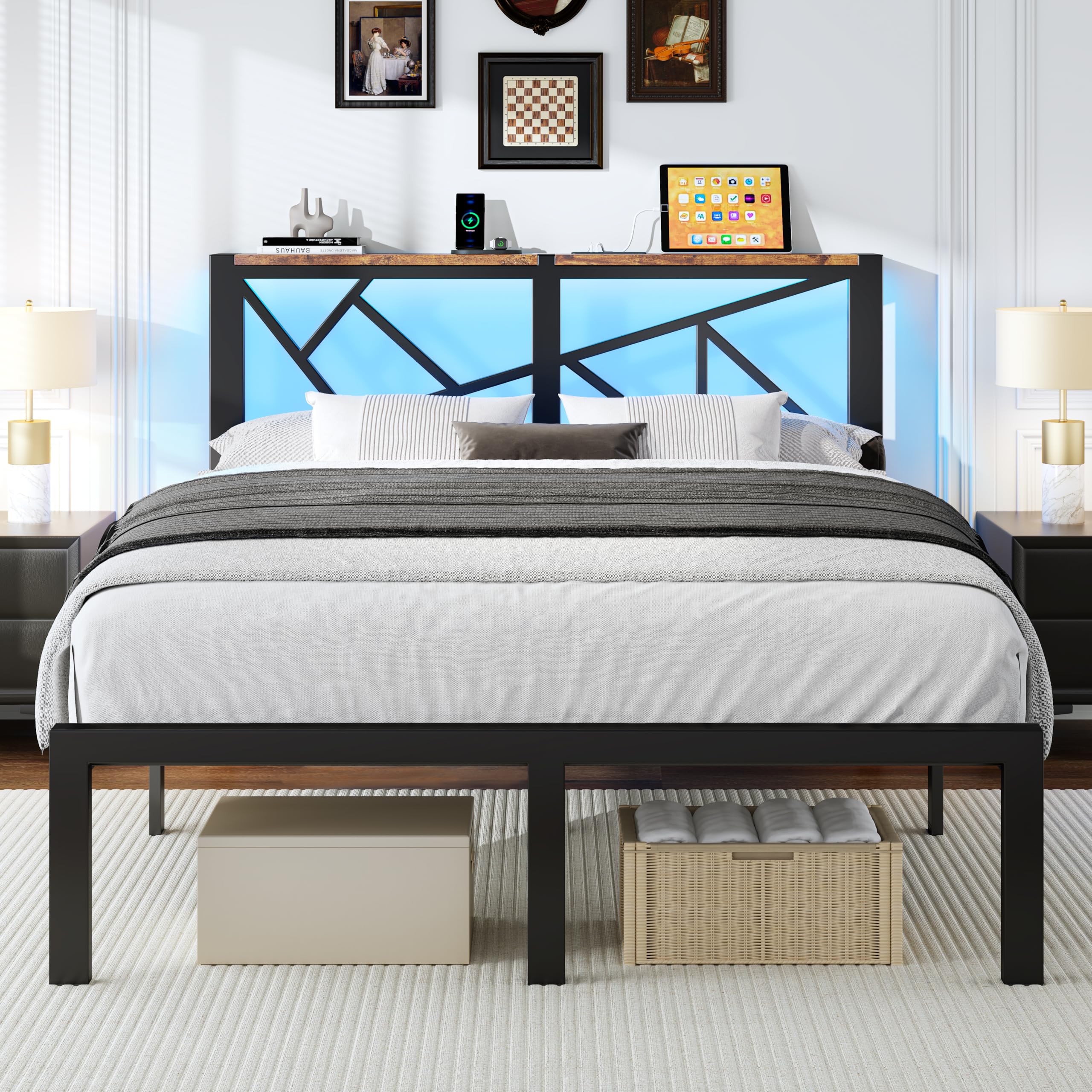 ChicZhiNest Queen Size Black Metal Bed Frame with USB Charging Station, LED Ambient Lighting, and Wooden Storage Headboard - Includes Under-Bed