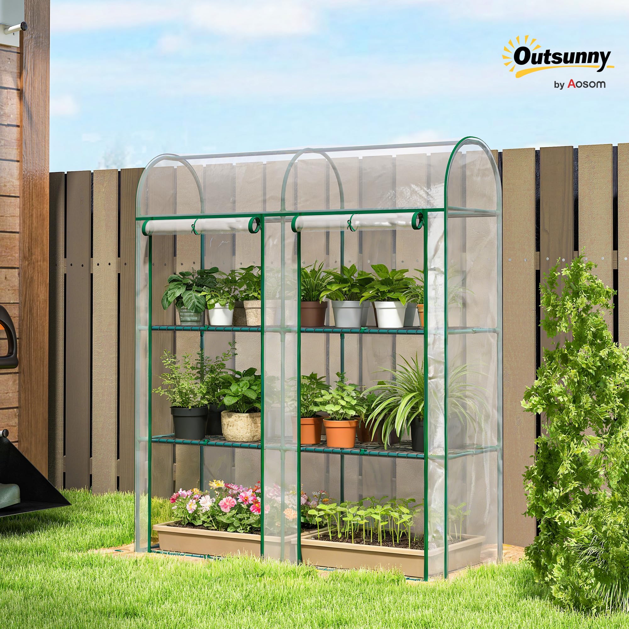 Outsunny Invernadero Pequeño de 3 Niveles, Invernadero de Exterior con 2 Puertas Enrollables, Marco de Acero y Cubierta de Plástico Anti-UV para Cultivar Plantas, Flores, 143x46x164 cm, Transparente