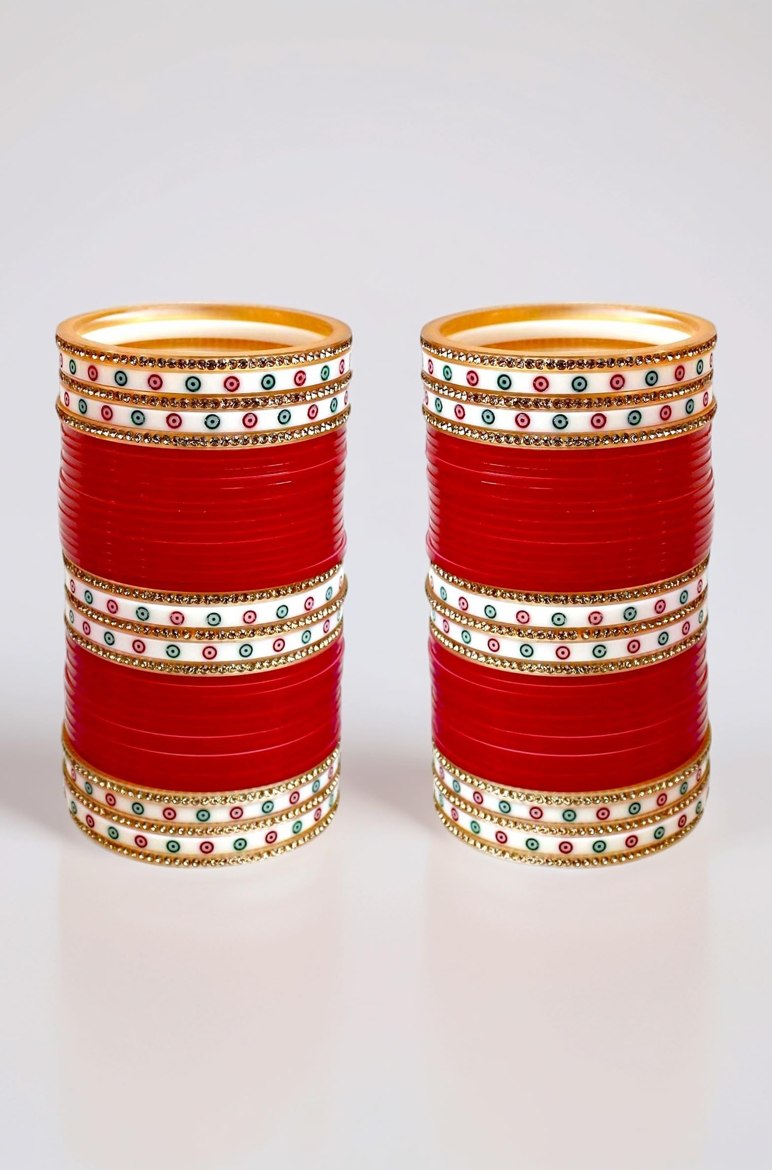 Bridal Bangle Set Dhanteras/Diwali/Bhai Dooj Collection Wedding Punjabi chuda Designer chura Non-Precious Metal CZ Stone Red Color choora Set for Women (792-M1C1-LEENA-R)